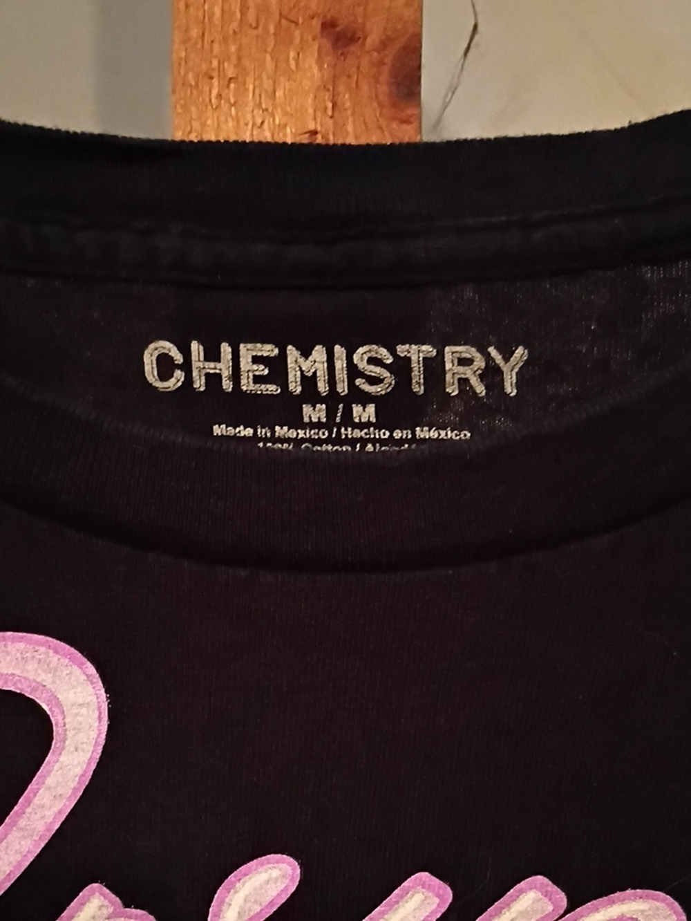 Chemistry Black Tee with Pink Script Accents